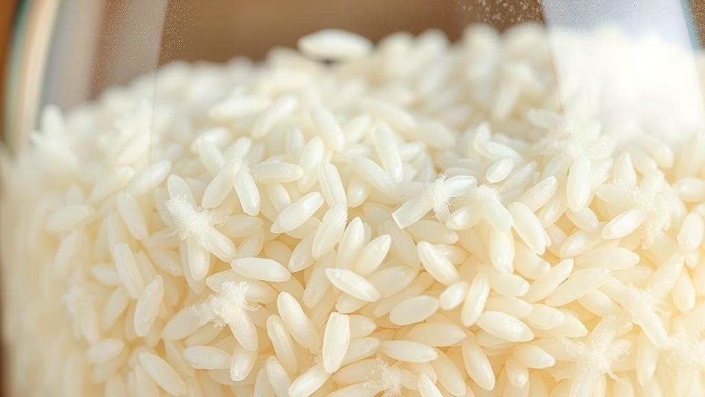 Close-up of white koji mold culture on steamed rice