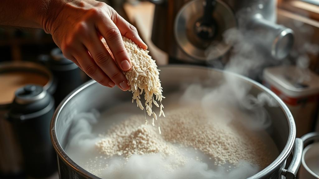 Homebrewer adding koji rice powder and pale malt to mash tun
