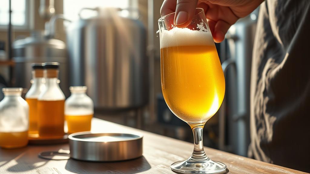 Homebrewer pouring koji rice lager into a tulip glass, sunlight streaming through