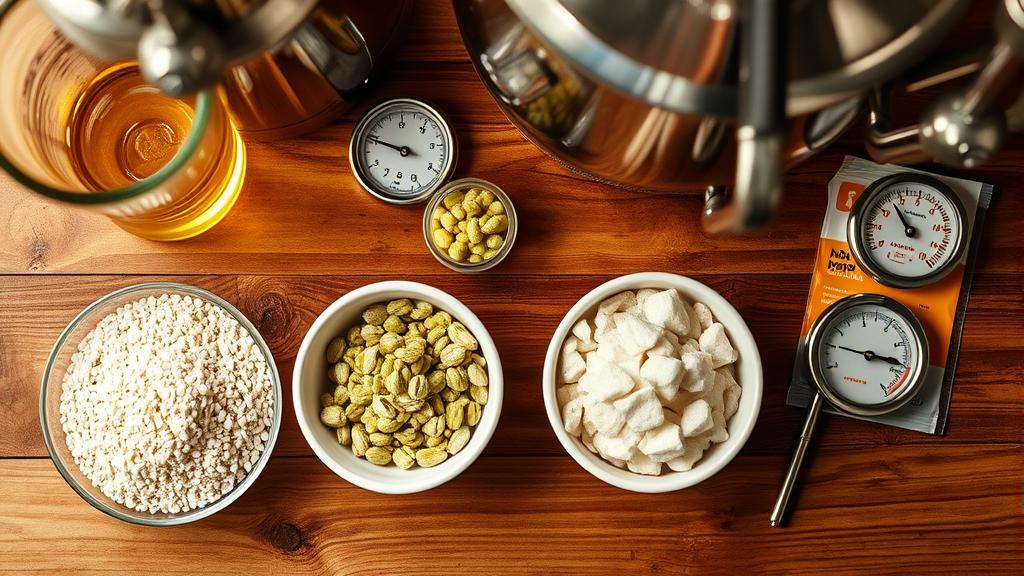 Kölsch brewing ingredients including pilsner malt, Hallertau hops, and Kölsch yeast