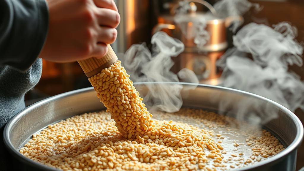 Homebrewer stirring mash grains during Kölsch brewing