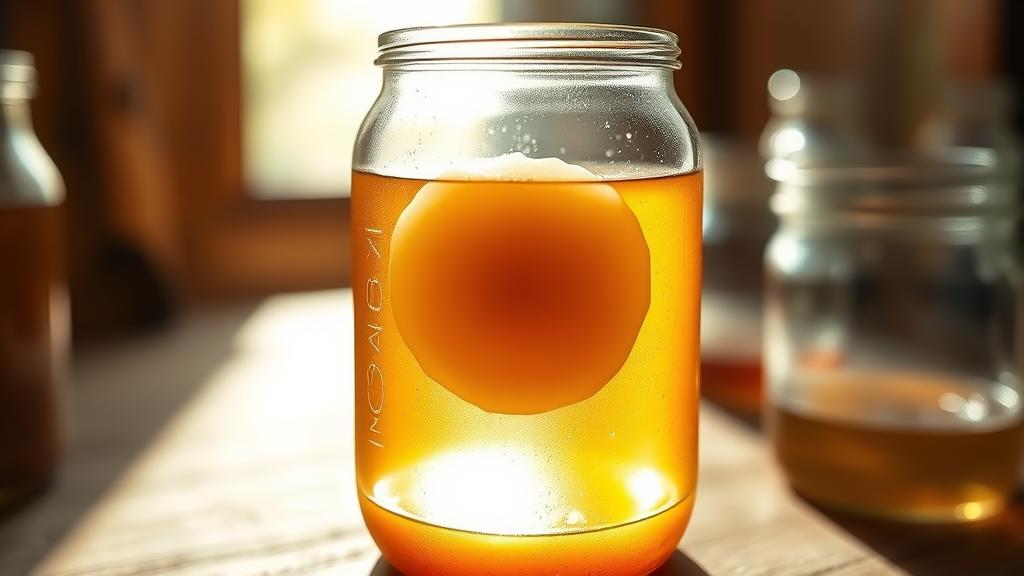 Beautiful SCOBY kombucha mother floating in amber liquid, home brewing setup