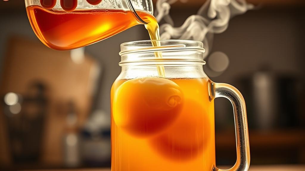 Close-up of hands pouring hot tea into fermentation jar, SCOBY visible