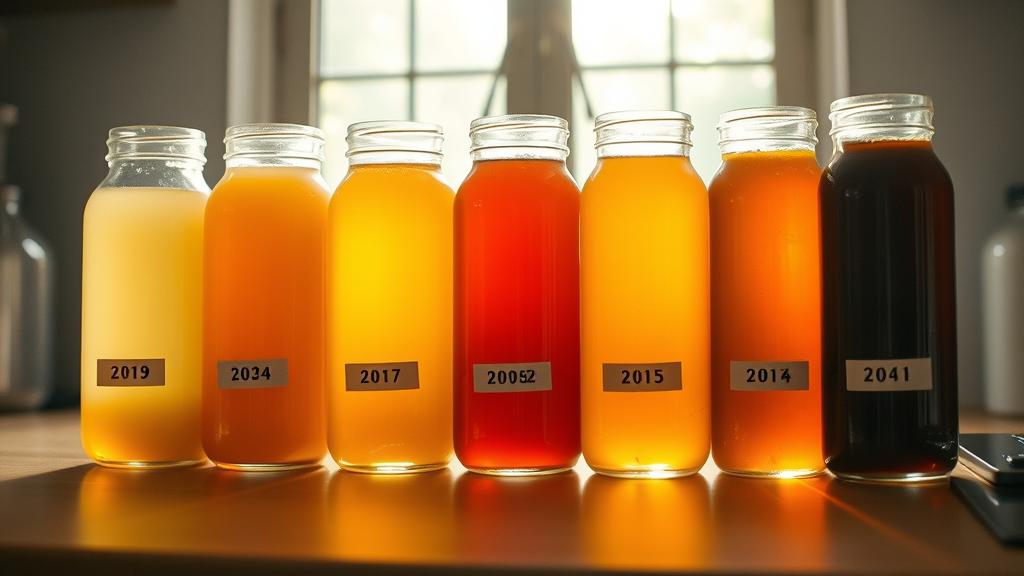 Timeline of kombucha fermentation in glass jars showing progression from light to dark amber