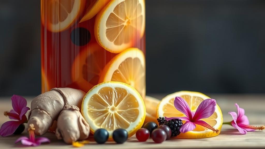 Artisanal display of ginger, lemon, berries, hibiscus next to glass fermentation jar