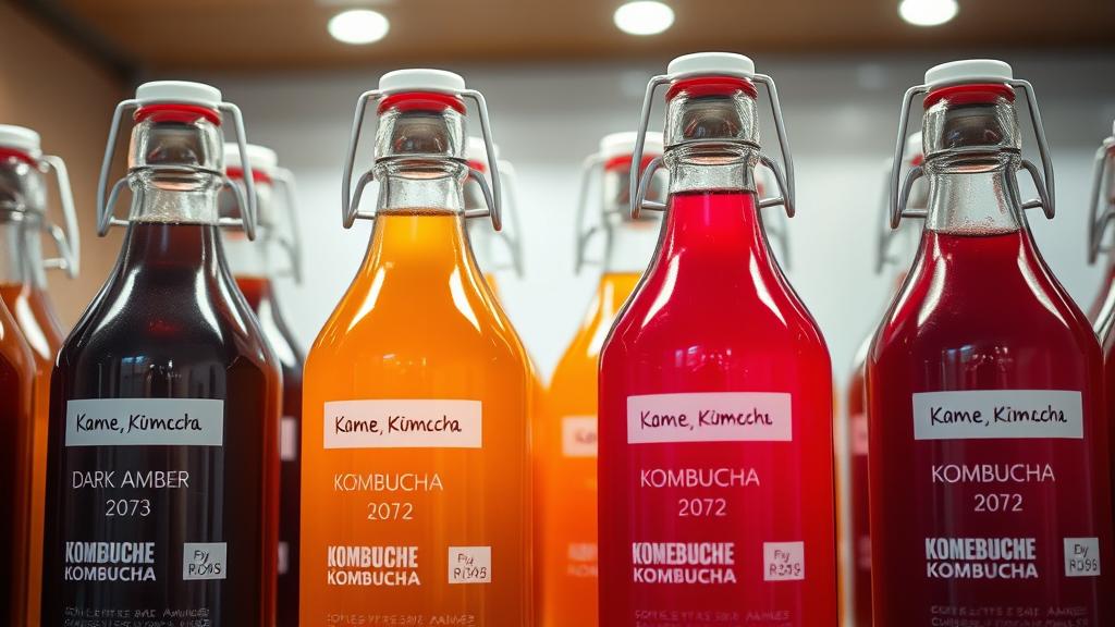 Display of finished homemade kombucha bottles in varying colours with dated labels
