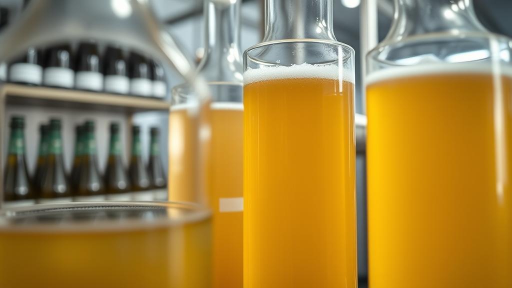 Glass fermentation vessels with pale wheat beer wort beginning fermentation