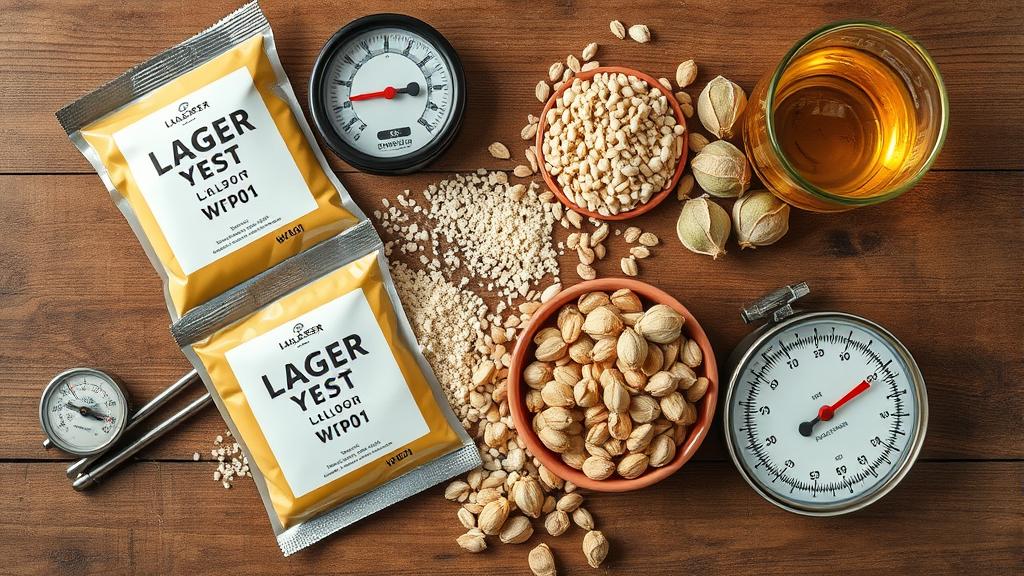 Lager brewing ingredients and equipment laid out on wooden surface