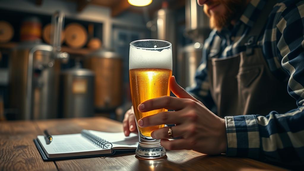Homebrewer examining clear lager in glass