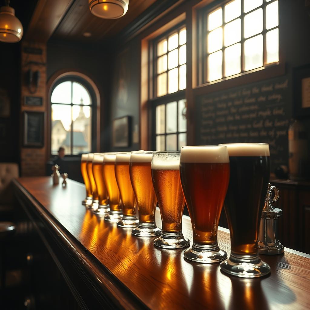British pub with pints of lager on oak bar