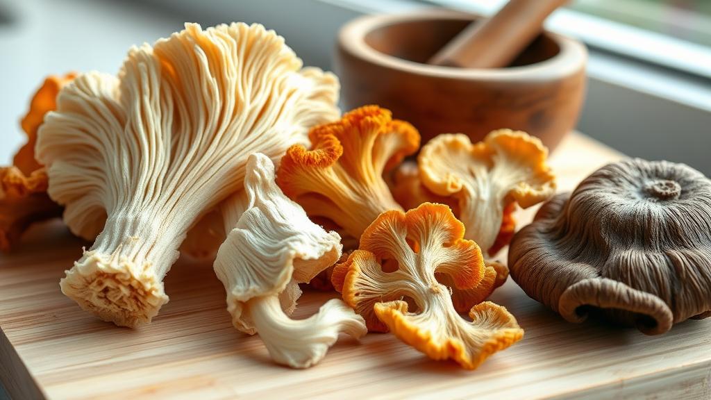 Dried medicinal mushrooms arranged for brewing functional lager
