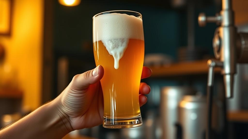 Close-up of a pint glass with thick, creamy nitro head and cascading bubbles