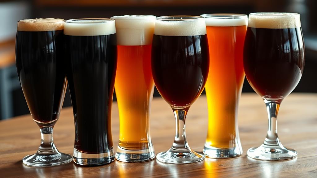 Different beer styles served with creamy nitro heads: stout, amber, and golden ale