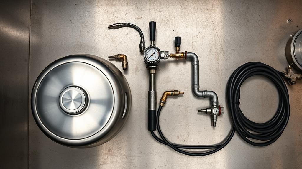 Overhead view of complete nitro kegging setup with regulator, tubing, and connections