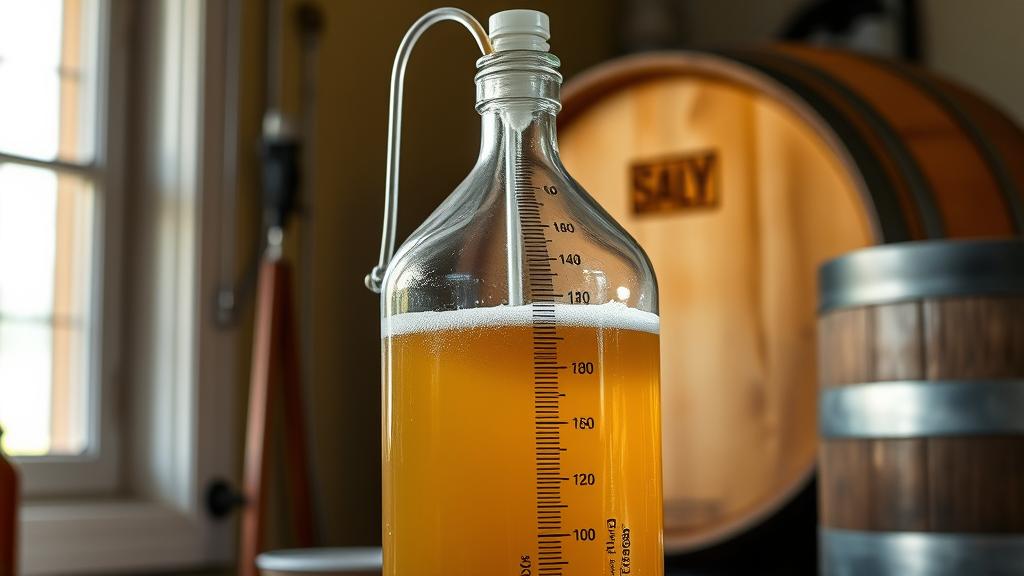 Carboy fermenter with pickle ale in active fermentation, krausen foaming, temperature strip showing optimal range