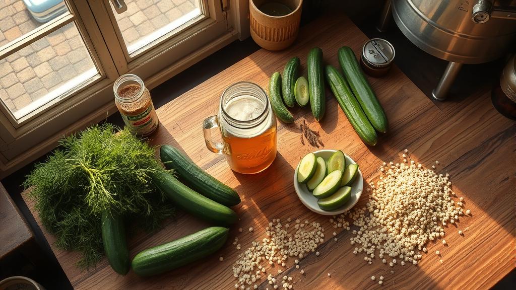 Homebrewer preparing kettle soured pickle ale ingredients with dill, cucumbers, pale malt, and pickling spices on wooden workbench