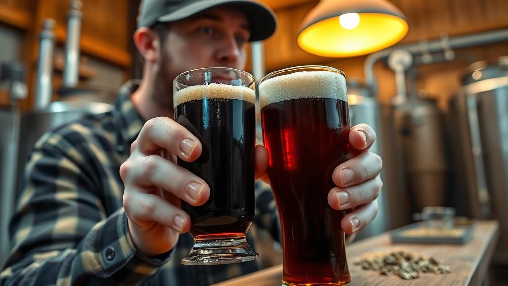 Homebrewer examining rich dark porter beer in professional brewing setup