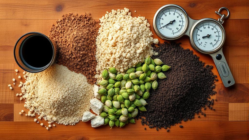 Overhead view of porter brewing ingredients: pale, chocolate, and black malts with cascade hops