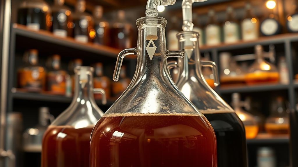 Glass carboys fermenting dark porter beer with airlocks bubbling in basement brewery