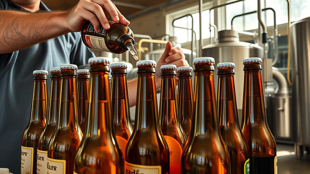 Homebrewer bottling radler beer into crown-capped bottles in garage brewery
