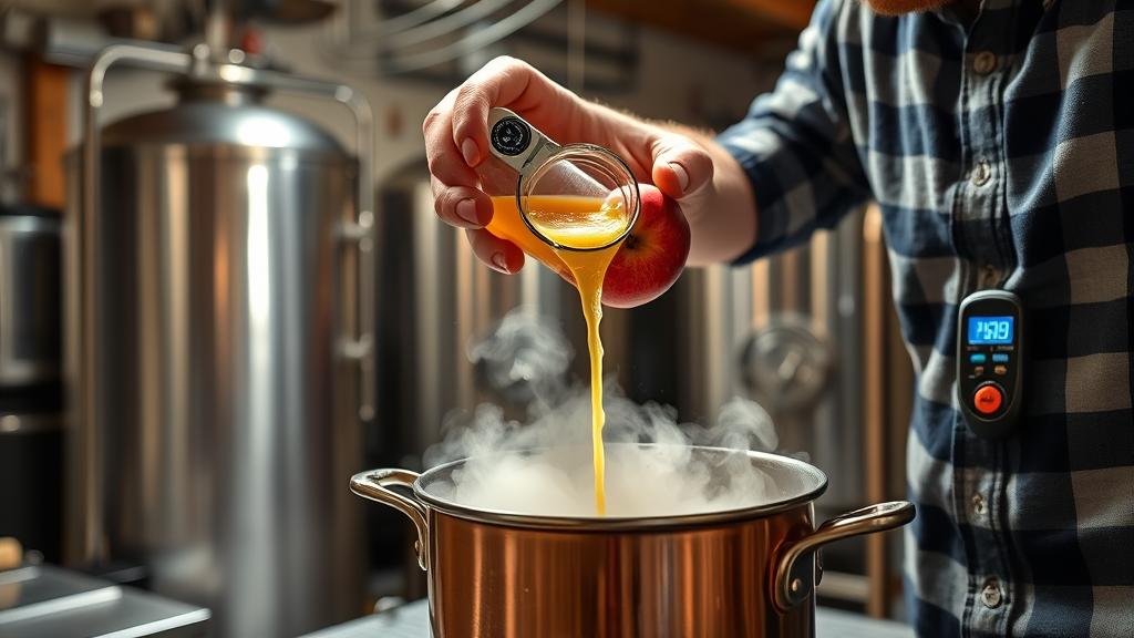 Homebrewer adding apple juice to copper kettle during radler brewing