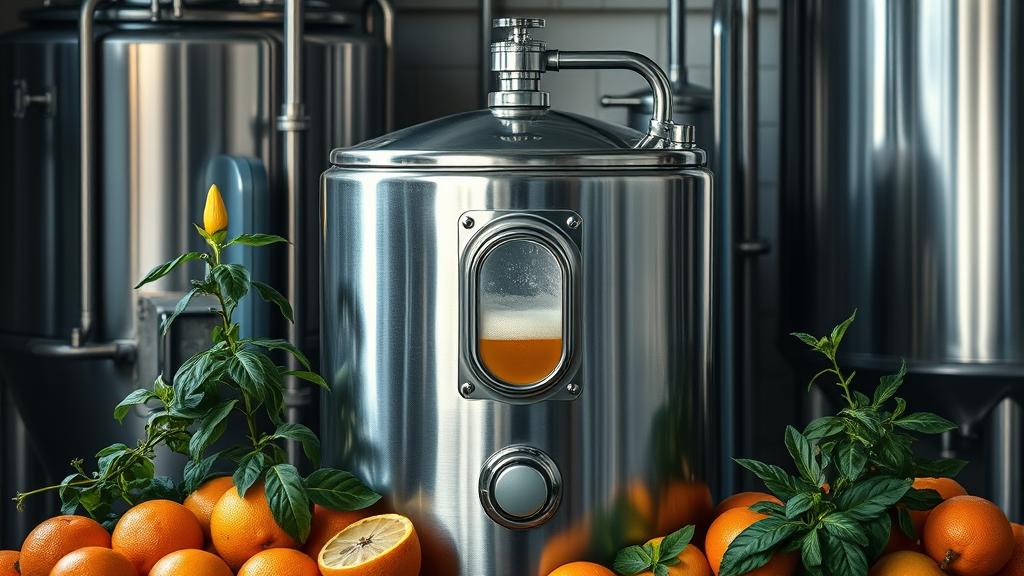 Stainless steel fermenter with airlock, surrounded by citrus fruits and fresh herbs