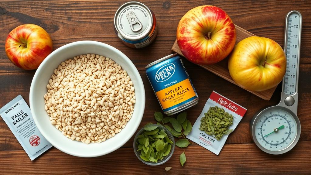Brewing ingredients for apple radler: pale malt, apples, hops, yeast, and hydrometer on wooden workbench
