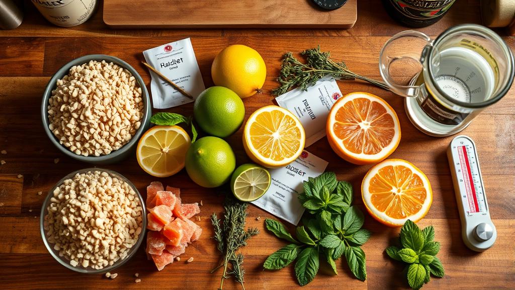 Brewing ingredients laid out: pale malt, citrus fruits, fresh herbs, yeast, hydrometer