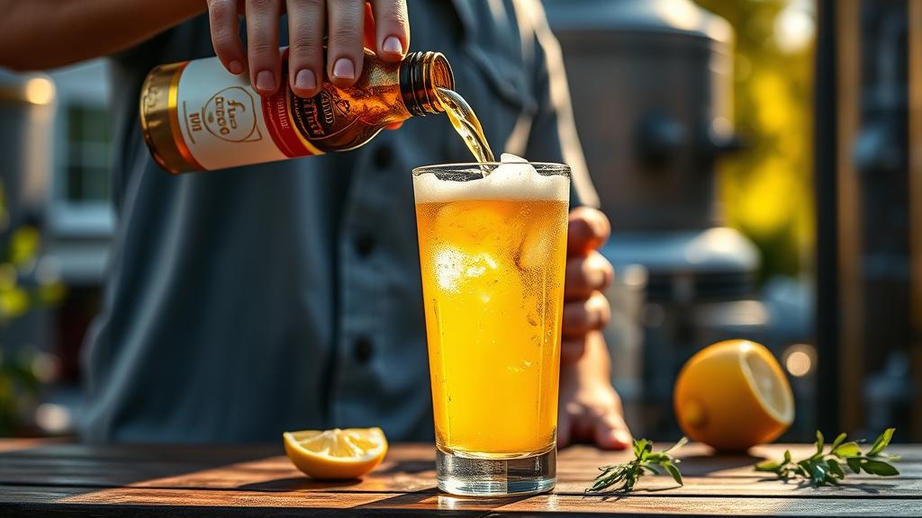 Golden radler beer poured into chilled glass with fresh lemon wedges, bright garden brewery setting