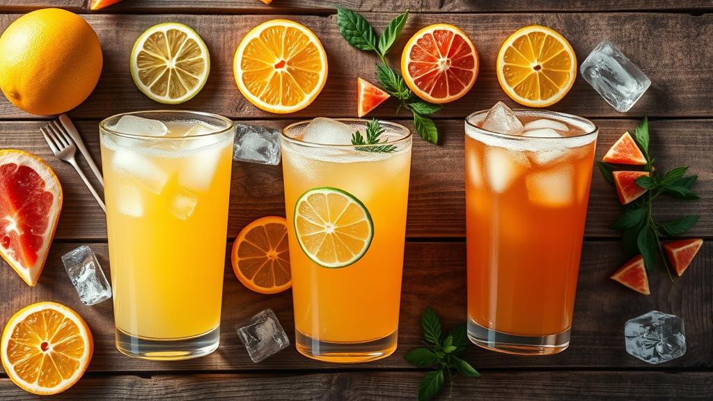 Three radler variations in clear glasses: lemon, lime, and grapefruit herb beer on rustic wooden table