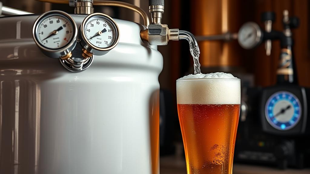 Rapid carbonation: keg connected to CO2 regulator, beer being poured with foam
