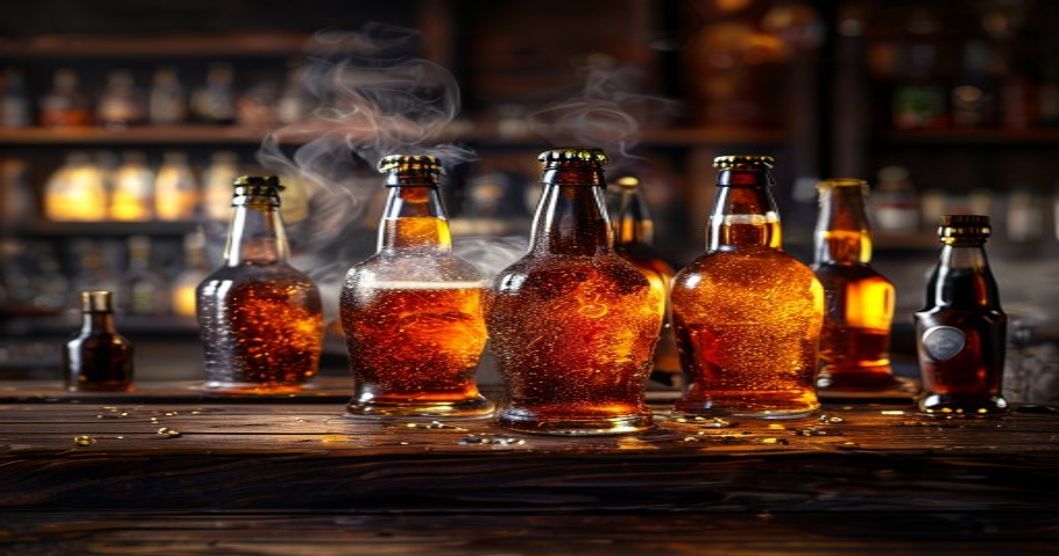 Golden rauchbier beer bottles on a dark wooden bar