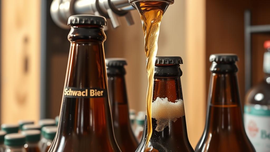 Schwarzbier bottles being filled with carbonated beer from bottling tap, foam cascading