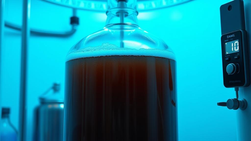 Glass carboy fermenter with dark Schwarzbier beer in temperature-controlled chamber at 10°C