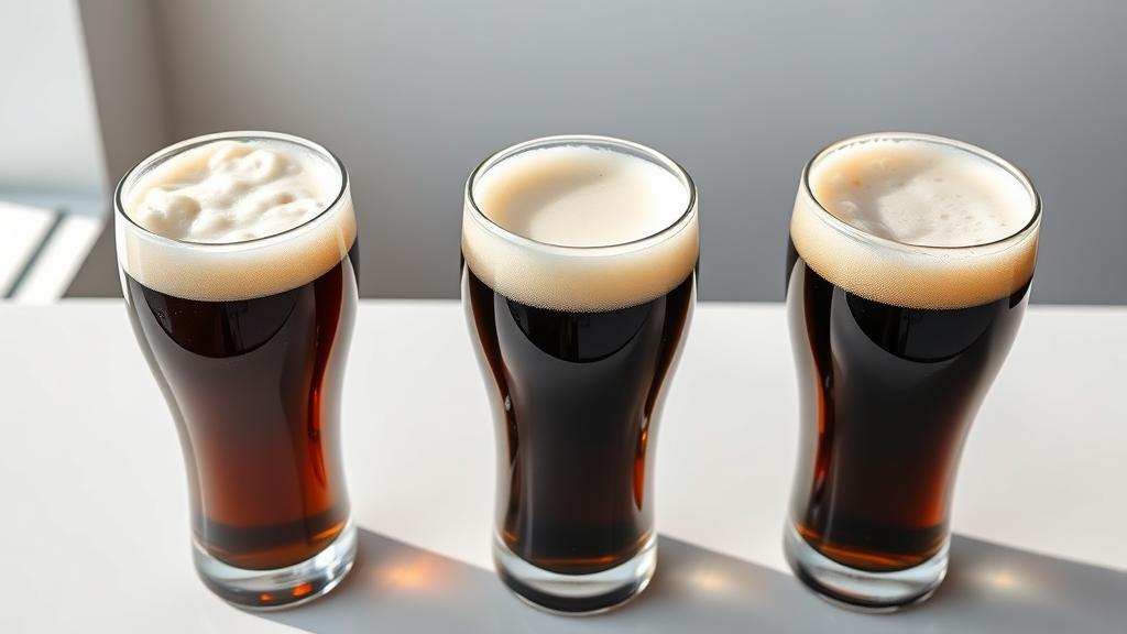 Three Schwarzbier beers in tasting glasses showing deep brown colour with cream-coloured foam heads
