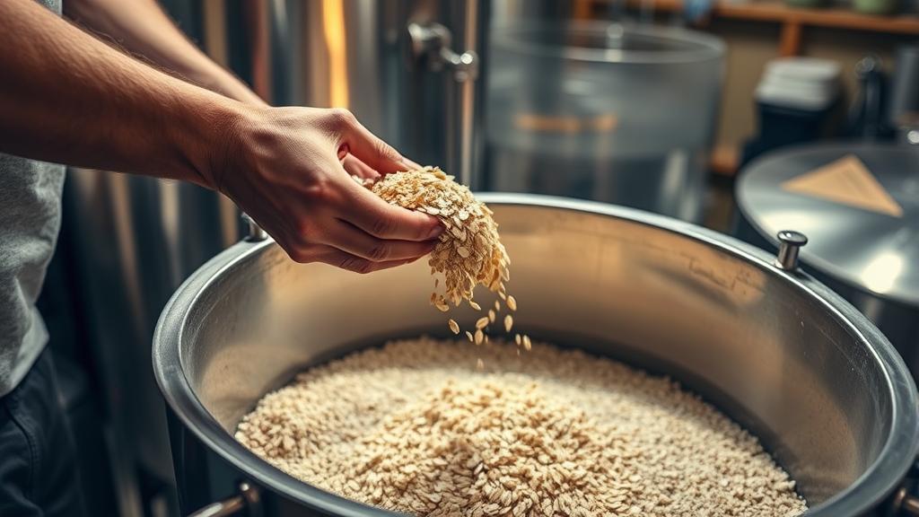 Homebrewer adding flaked oats and wheat to mash tun, warm brewery lighting