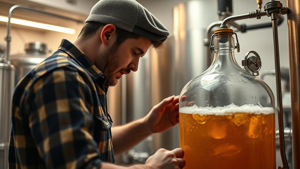 Checking fermentation progress in glass carboy, watching airlock, bright room