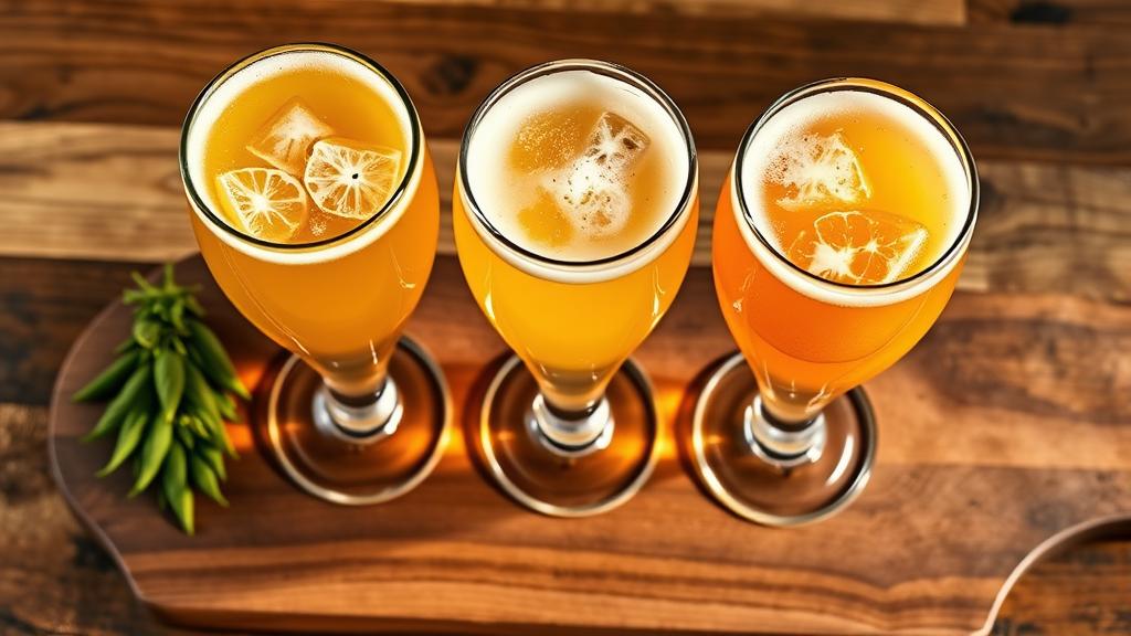 Three glasses of Session Hazy IPA in a flight, golden hazy colour, fresh hops garnish