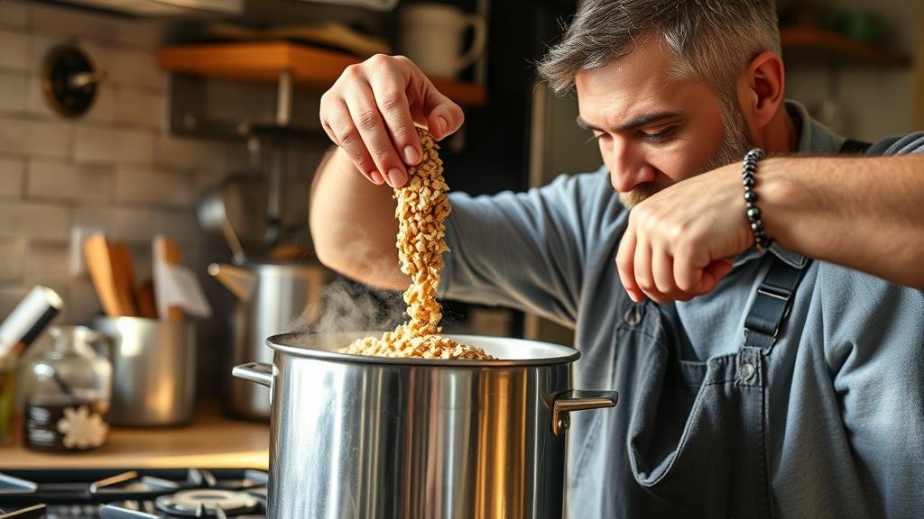 Brewer adding milled pale malt grain to a hot brew kettle, steam rising