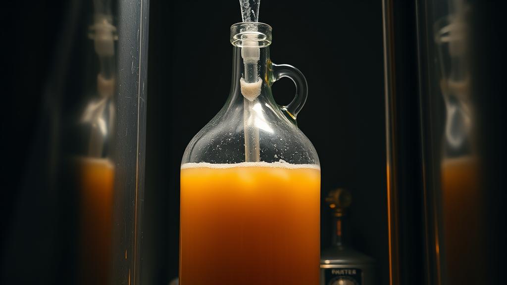 Glass carboy fermenter with golden beer, airlock bubbling gently