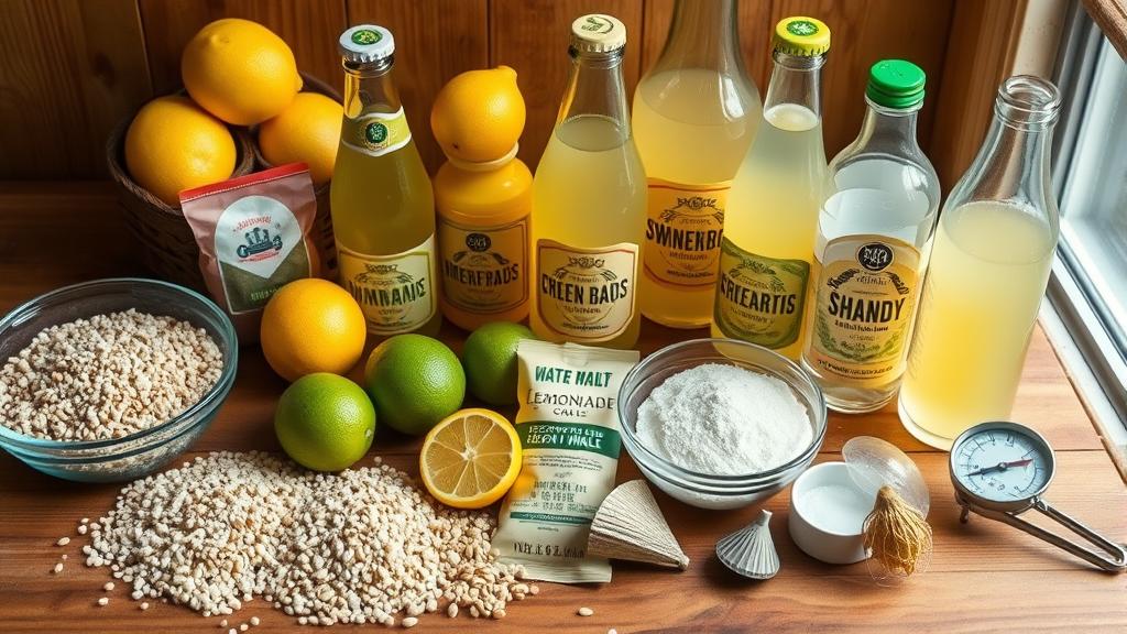 Shandy brewing ingredients: pale malt, lemonade, hops, yeast, and brewing equipment laid out