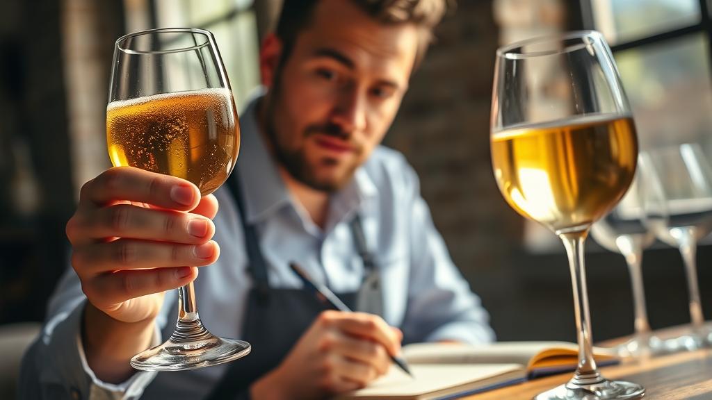 Sommelier examining a glass of golden shandy held to natural light, notebook visible