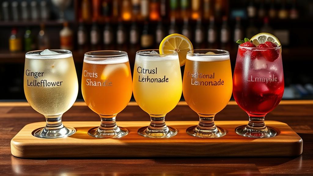 Five different shandy variations on a tasting paddle, each in craft beer glasses