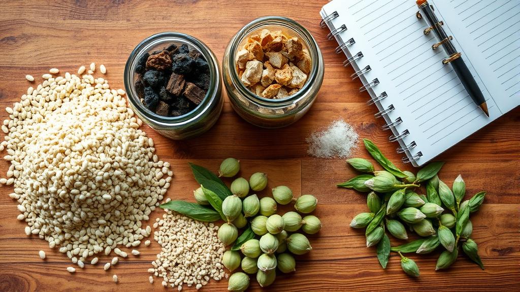 Smoked malt grains and brewing ingredients arranged on wooden surface