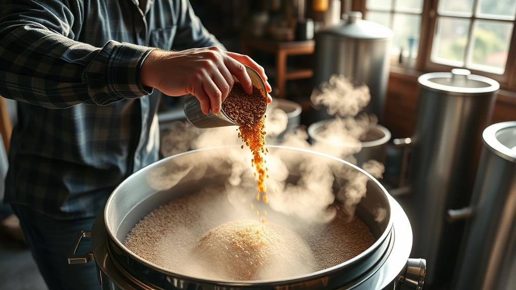 Homebrewer adding smoked malt to mash tun in garage brewery