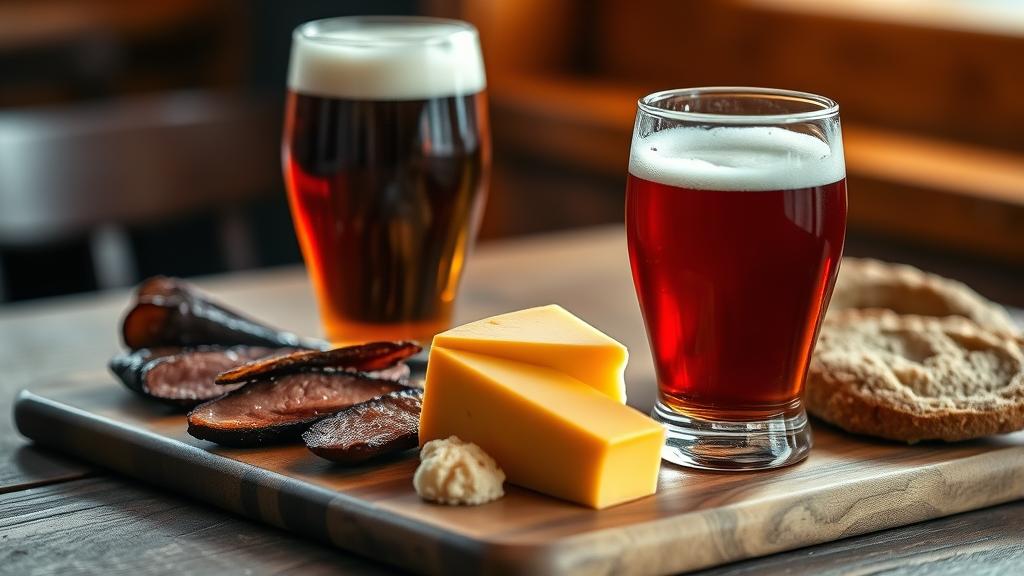 Smoked beer with cheese and cured meat pairing on wooden table