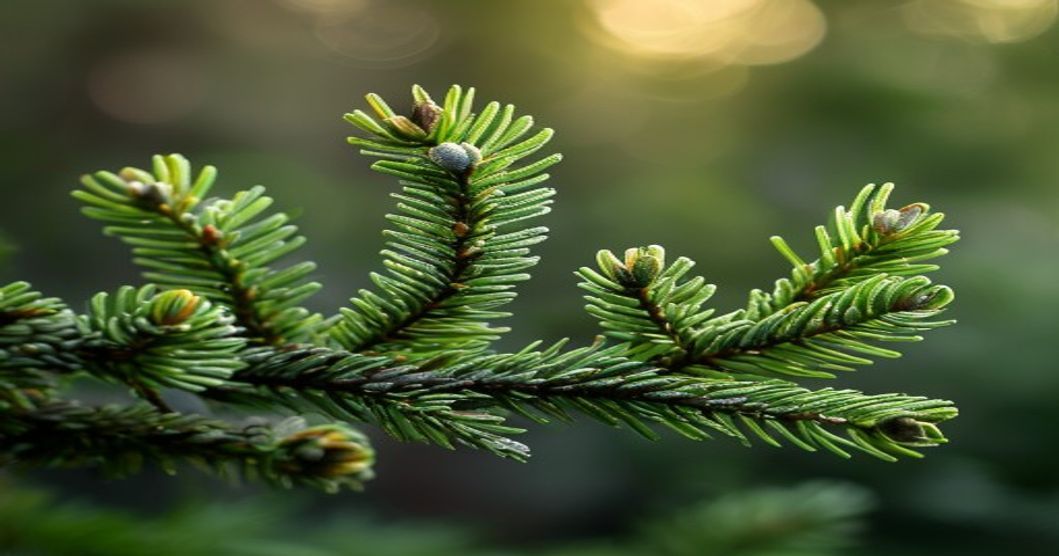 Fresh spruce tips growing on evergreen branches, bright green spring growth
