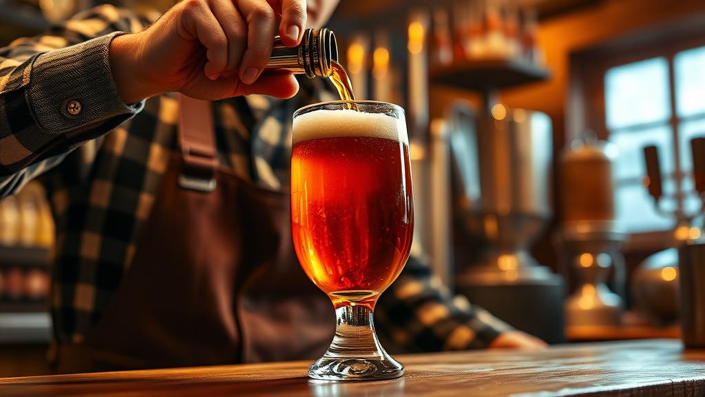 Professional homebrewer pouring deep amber strong ale into vintage glass with warm golden lighting