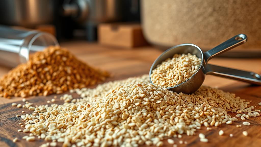 Premium pale malt, amber malt, and crystal malt grains on wooden brewing table with measuring scoop
