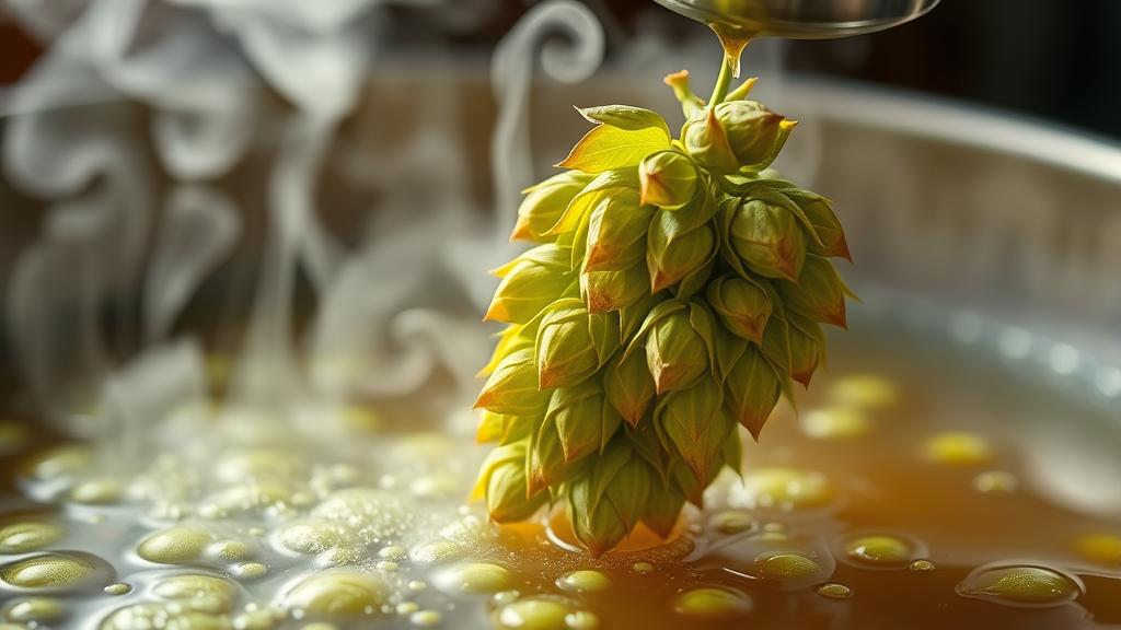 Hop additions during brewing session with Fuggles and East Kent Goldings hops and rising steam